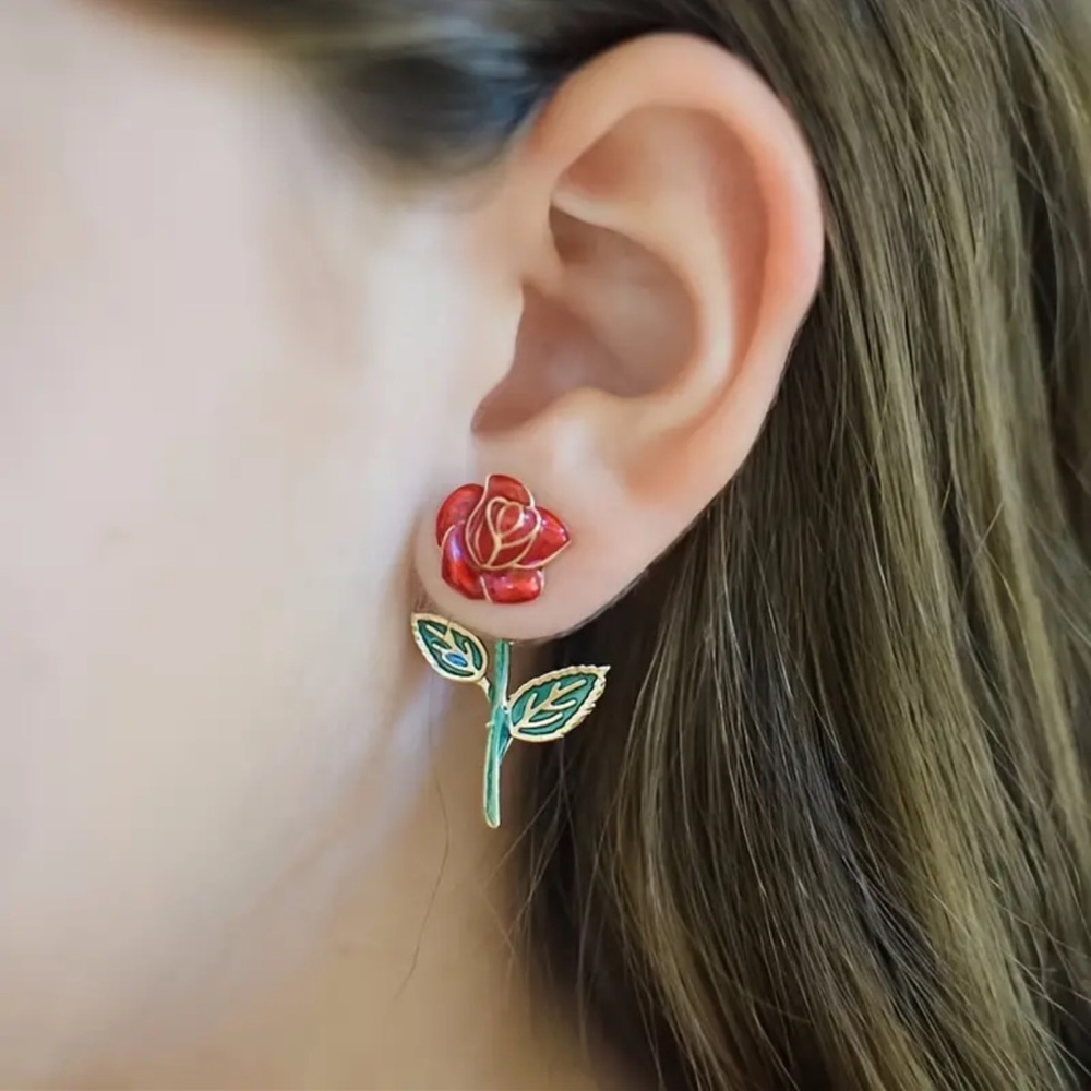 Red Rose Earrings, Beauty and The Beast Red Rose Belle Earrings